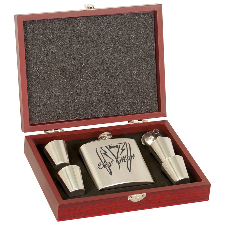 6 oz Matte Blk Laserable Stainless Steel Flask Set with Wood Box (4 shot glasses, pouring spout )