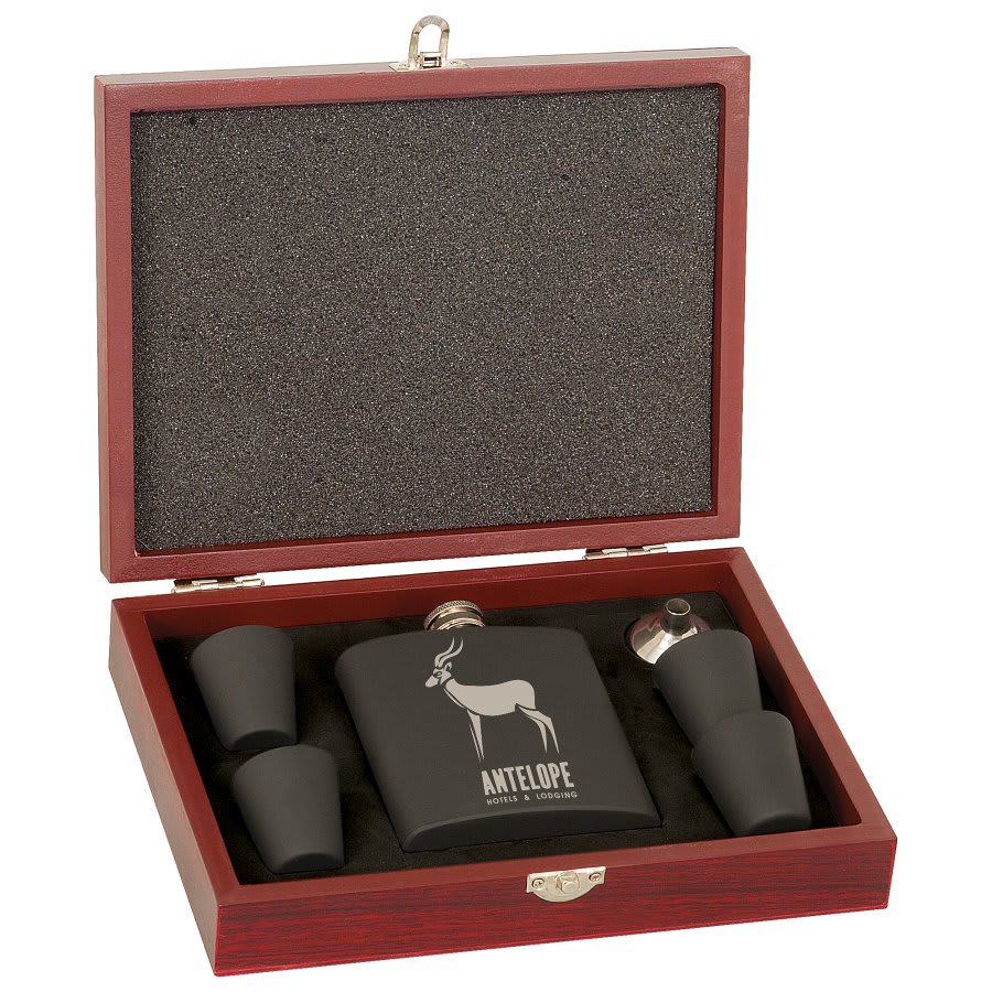 6 oz Matte Blk Laserable Stainless Steel Flask Set with Wood Box (4 shot glasses, pouring spout )