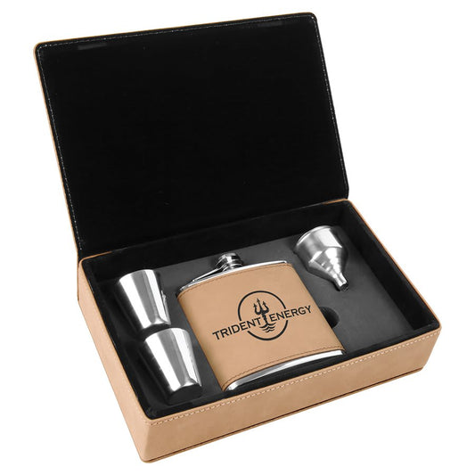 Laserable Leatherette Flask Gift set  (6oz Flask, 2 shot Glasses, Pouring spout)